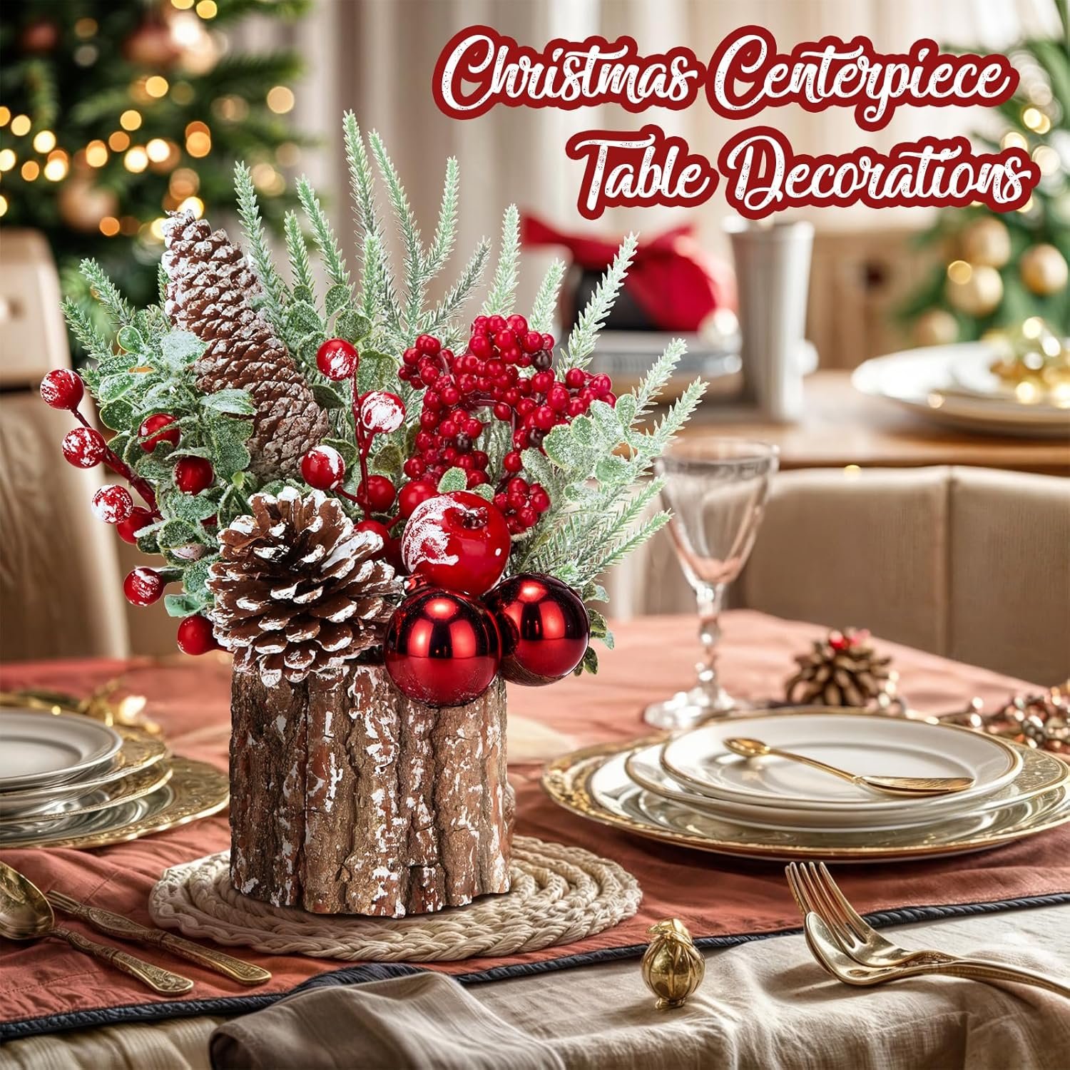 Christmas Decorations Indoor, Christmas Centerpiece Table Decorations, Small Artificial Tabletop/Desk Christmas Tree with Christmas Ornaments Pinecone Berry for Home Farmhouse Mantle Décor (Red) - Image 5