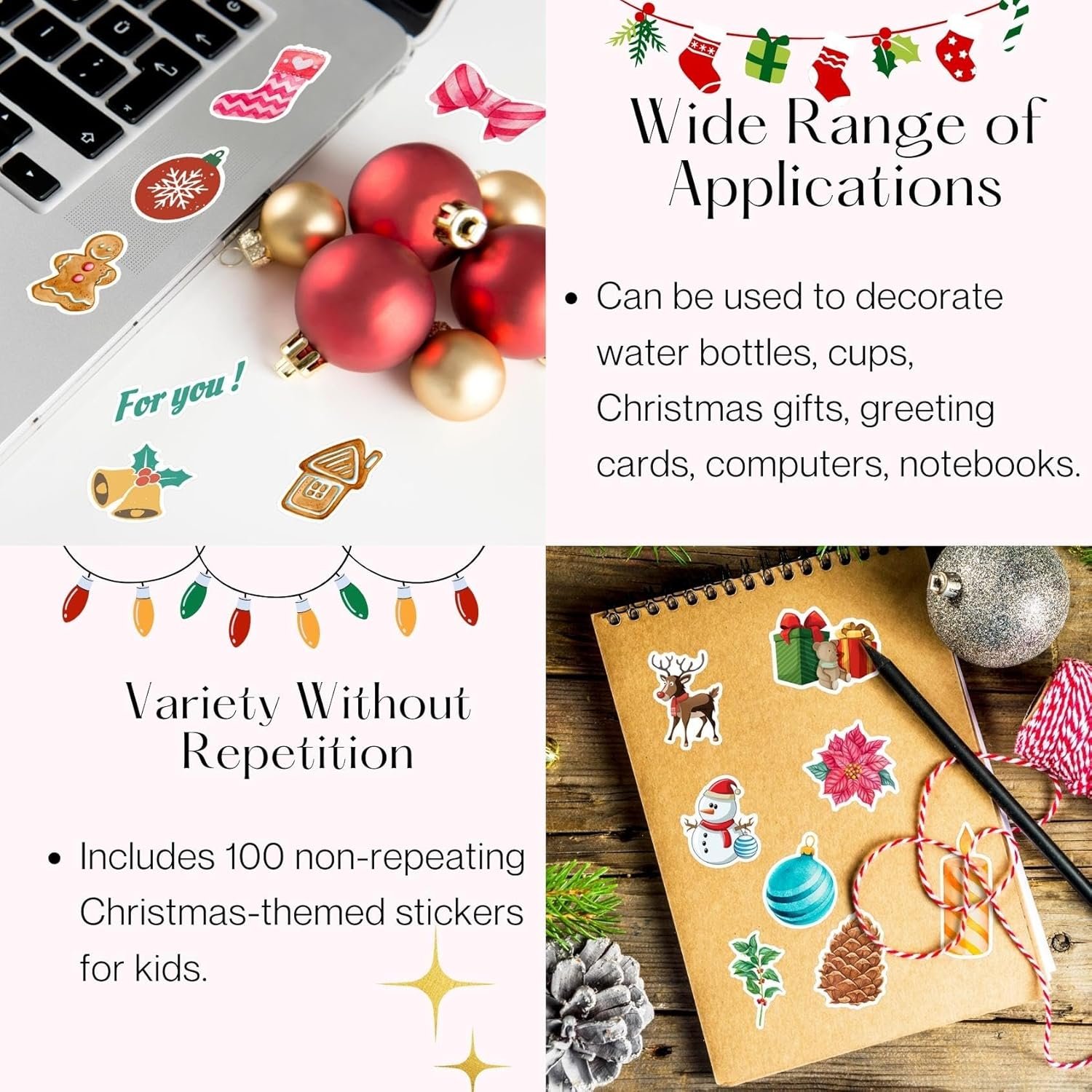 100PCS Christmas Theme Stickers, Non-Repeating Vinyl Waterproof Holiday Stickers, Holiday Gifts for Kids and Teens, Xmas Party Favorite - Image 5