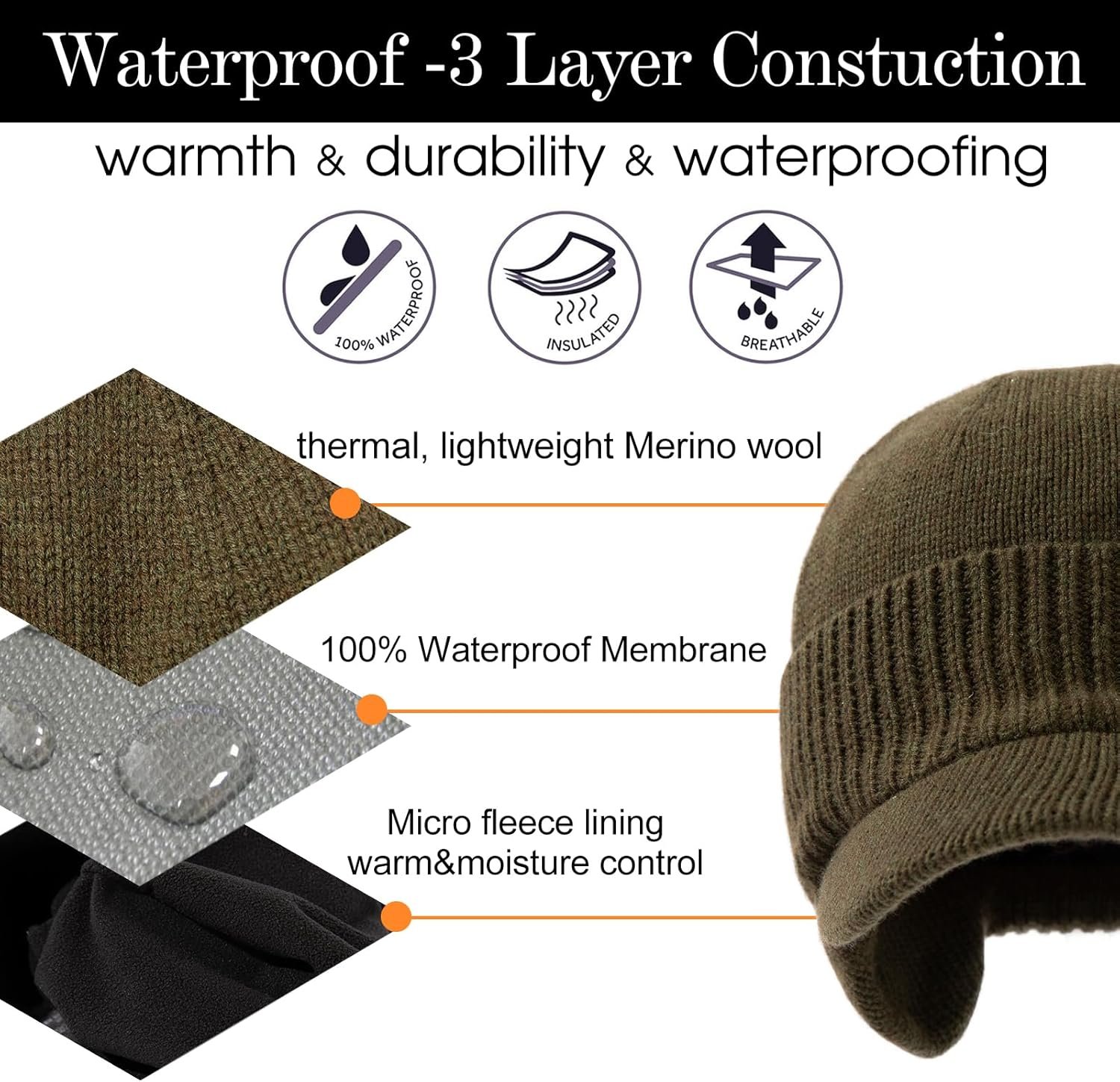 TOP-EX L/XL/XXL Unisex 80% Merino Wool Waterproof Brim Beanie Hats with Ear Flaps Fleece Lined for All Weather - Image 5