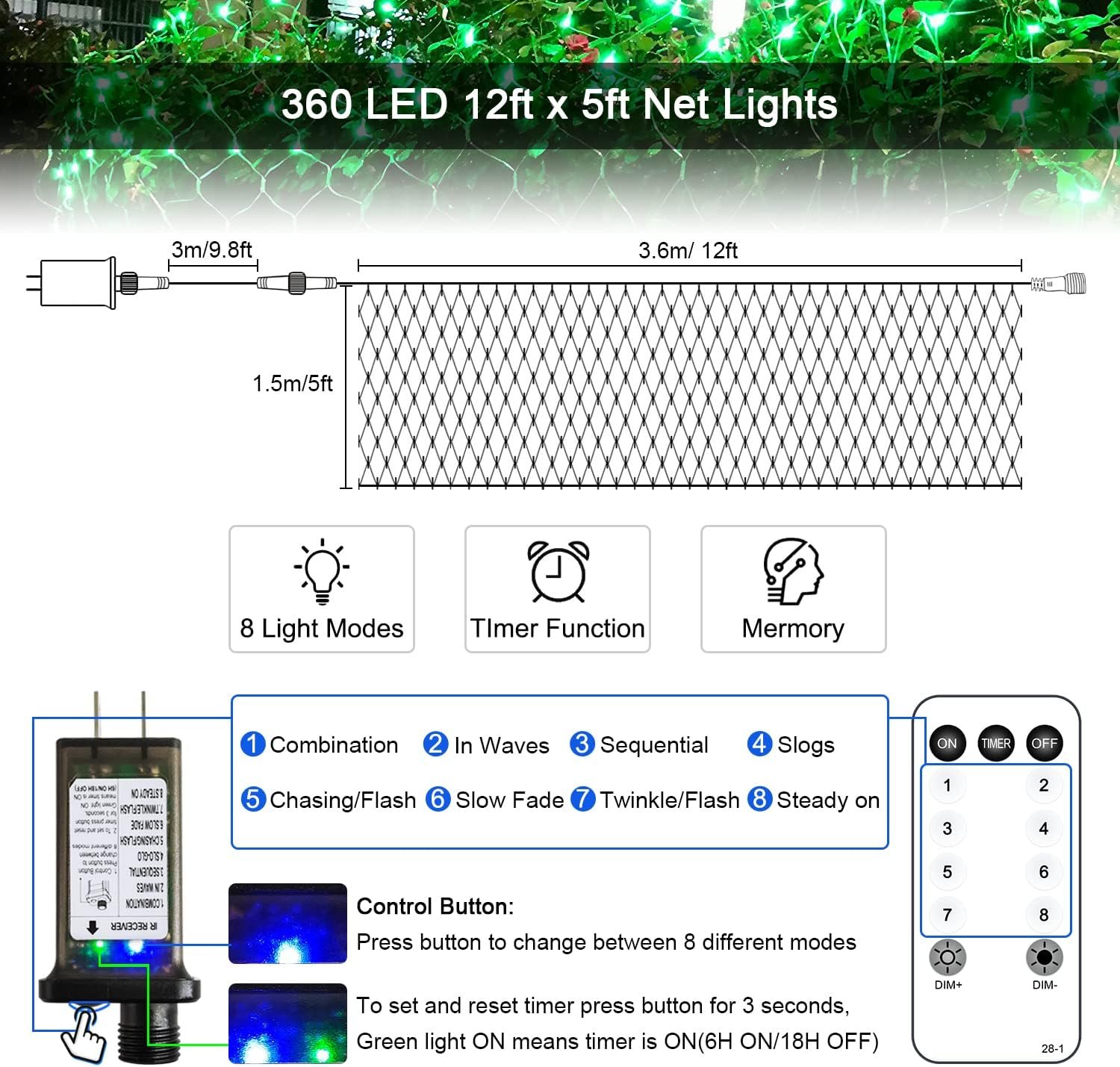 JMEXSUSS Green Christmas Net Lights 360 LED 12ft x 5ft Bush Lights Outdoor Plug in 8 Modes with Remote Connectable Mesh Lights for Christmas Halloween Decorations(Transparent Wire) - Image 10
