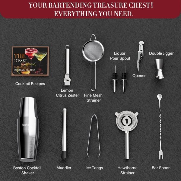 Bar Set Cocktail Shaker Set, Mixology Bartender Kit with Durable Stainless Steel, Cocktail Shaker Set and Bar Accessories with Wooden Box, Bar Kits for Bartender Home - Image 4