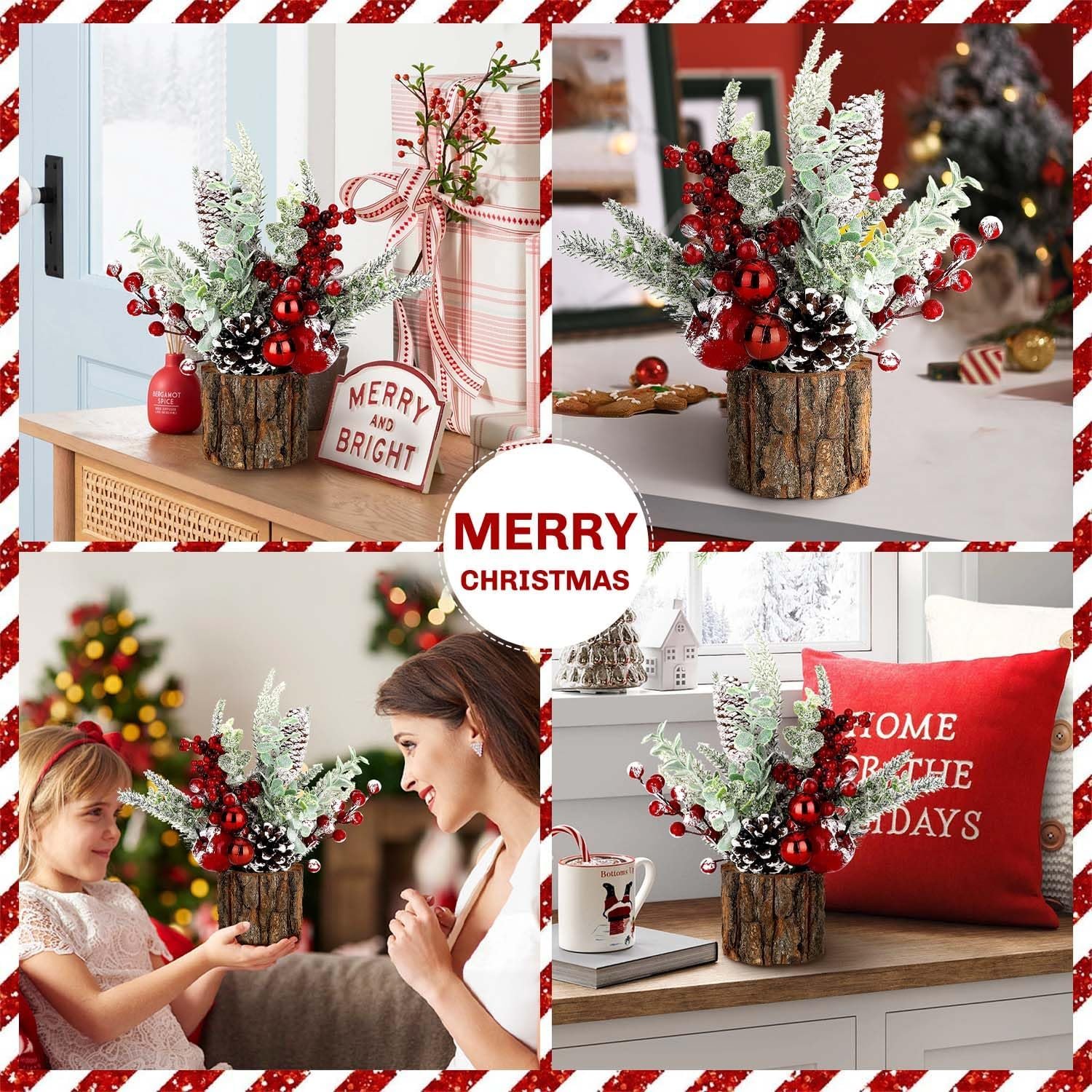 Small Christmas Tree Tabletop Artificial Mini Christmas Tree Decorations with Holiday Ornaments Red Berry Pine Cone Greenery for Home Indoor Fireplace Mantel Xmas Decor (Tree Stump-Red) - Image 6