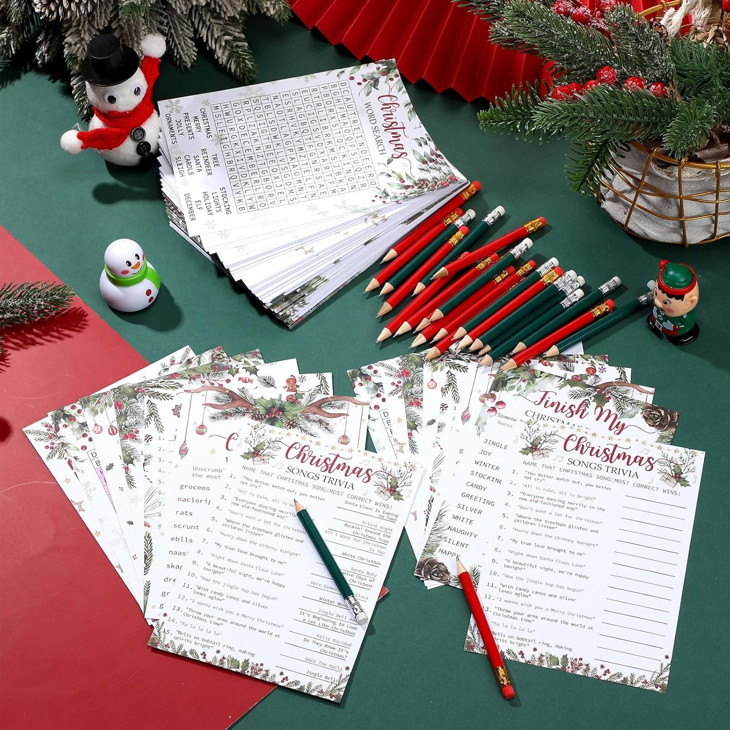 232 Pcs Christmas Trivia Party Games Set Include 207 Xmas Games Question Answer Paper Cards 25 Pencils for Christmas Festival Guessing Activity Party Supplies, 25 Players (Berry) - Image 4