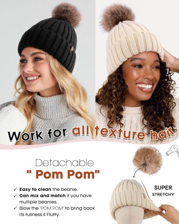 FURTALK Womens Winter Beanie Hat Satin Lined Faux Fur Pom Pom Beanies Hat for Women Winter Warm Knit Hats - Image 4