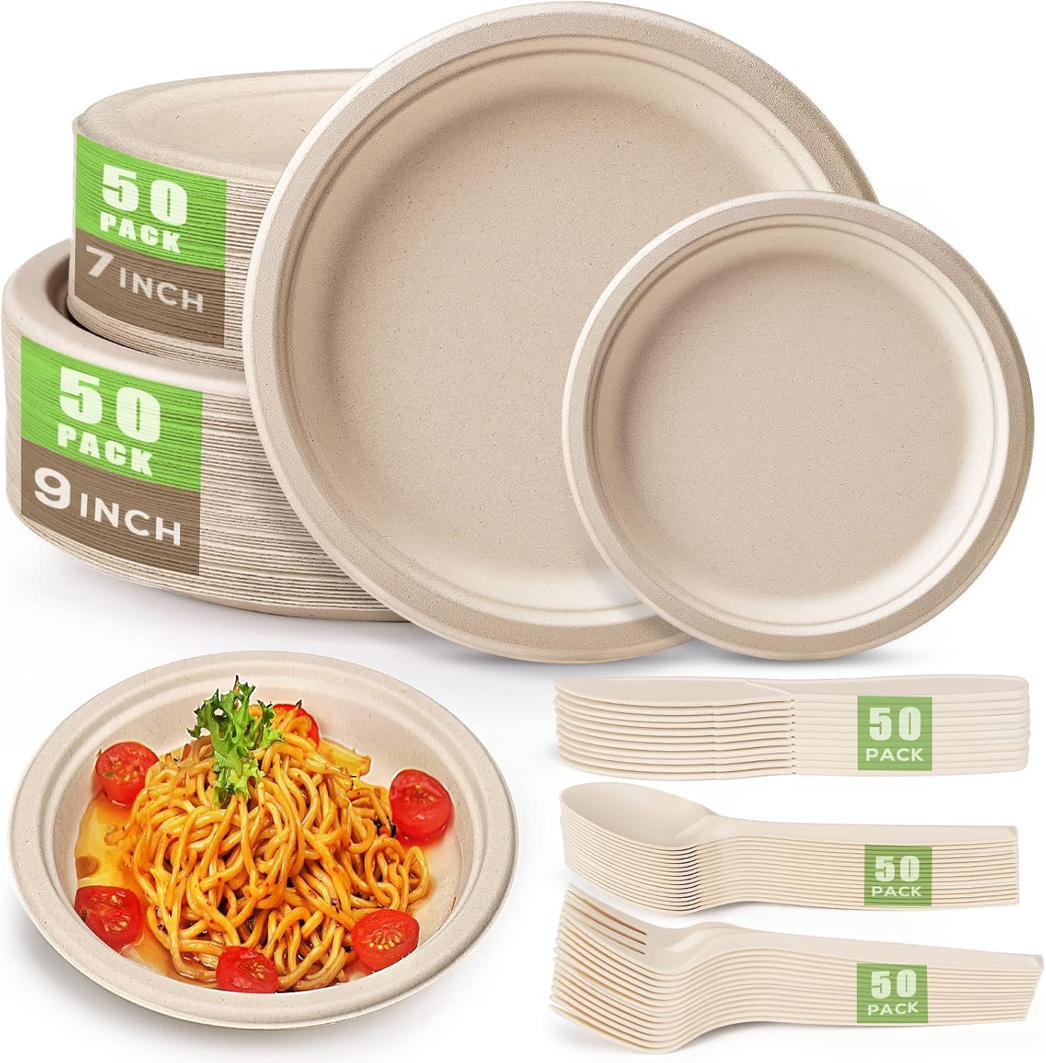 Gezond 250Pcs Disposable Paper Plates Set, Compostable Plate Sugarcane Utensils Eco Friendly Dinnerware Kit Includes 50 Biodegradable Plates, Forks, Knives and Spoons for Brithday Party Camping - Image 2