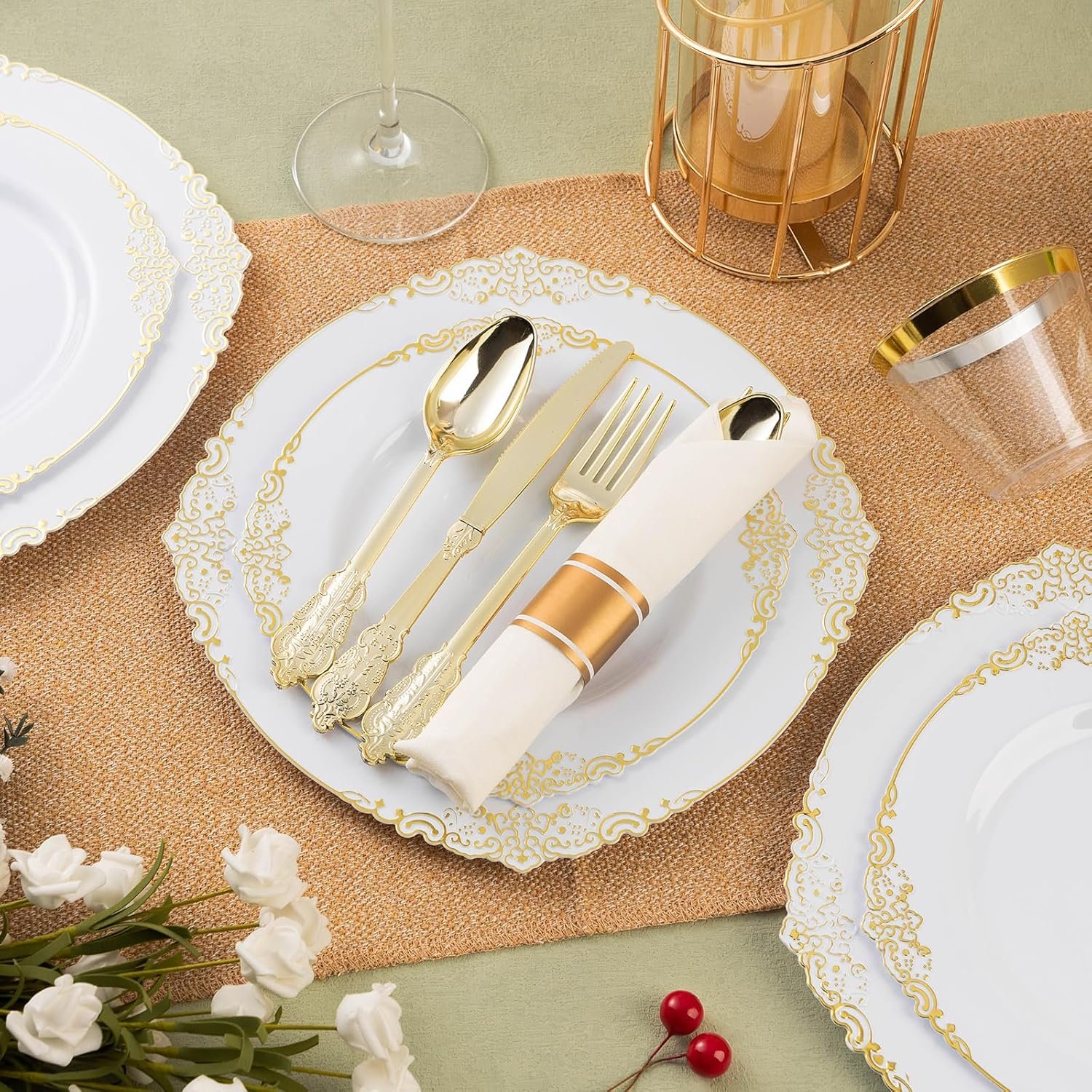 350PCS Gold Plastic Plates for 50 Guests, Disposable Dinnerware Sets Include 100 Gold Rim Plastic Plates, 50 Silverware, 50 Pre Rolled Napkins for Party, Wedding, Birthday and Thanksgiving - Image 4