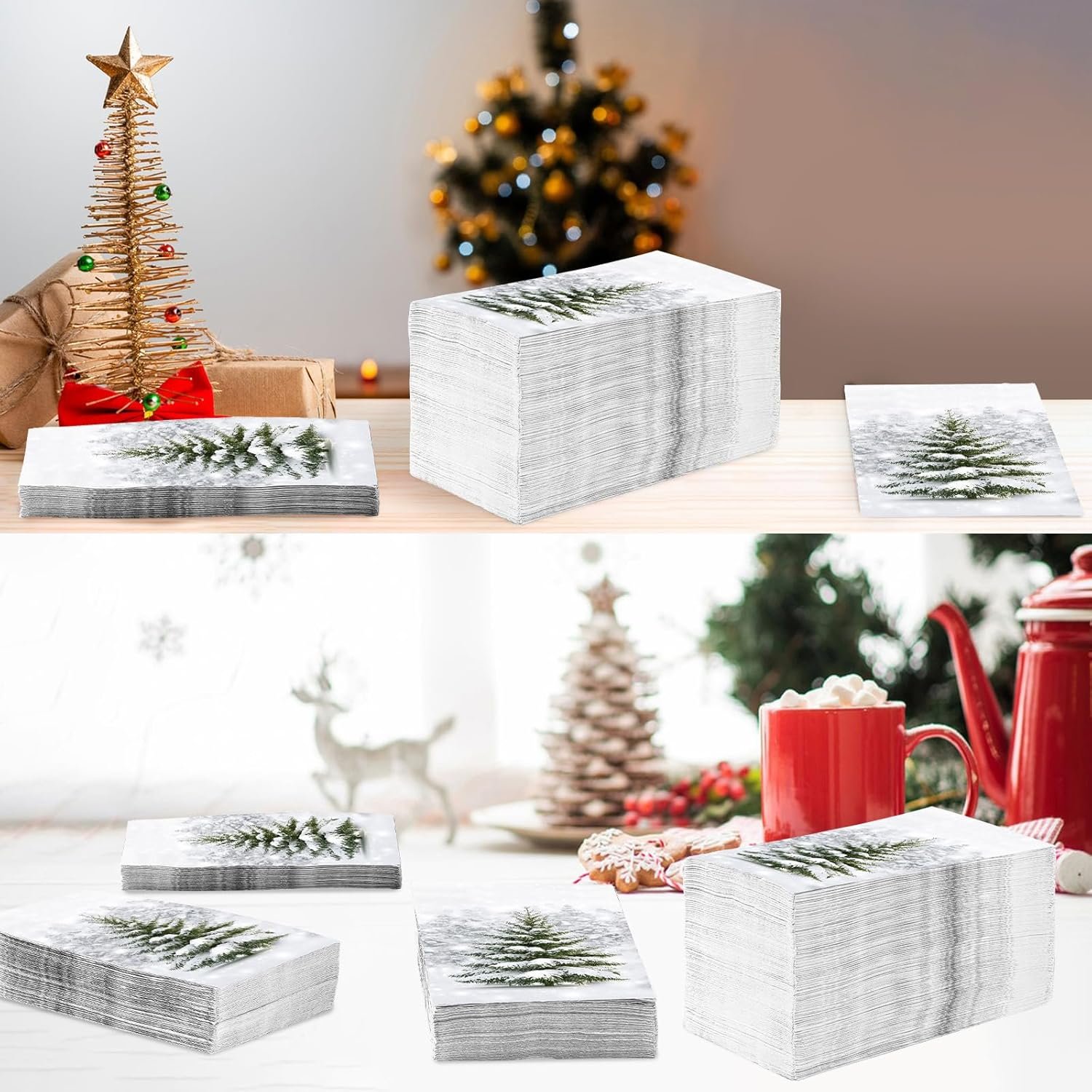 100 Pcs Christmas Tree Napkins 3 Ply Winter Forest Snowflake Paper Napkins Disposable Pine Snow Tree Christmas Hand Towels for Bathroom Kitchen Home Holiday Party Decorations Xmas Baby Shower Supplies - Image 7
