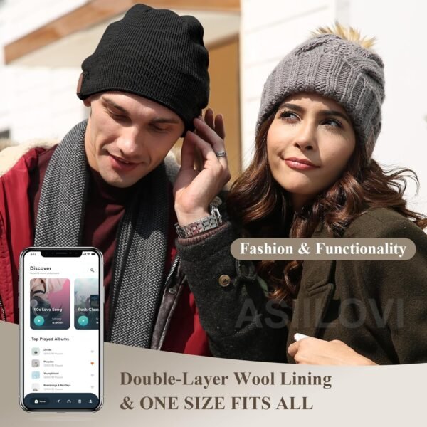 Bluetooth Beanie, Double-Layer Wool Lining Bluetooth Hat Beanie for Men/Women/Teens/Family, 20hrs Playing, Gift Packaging for Christmas Stocking Stuffers Thanksgiving (001-Black) - Image 3
