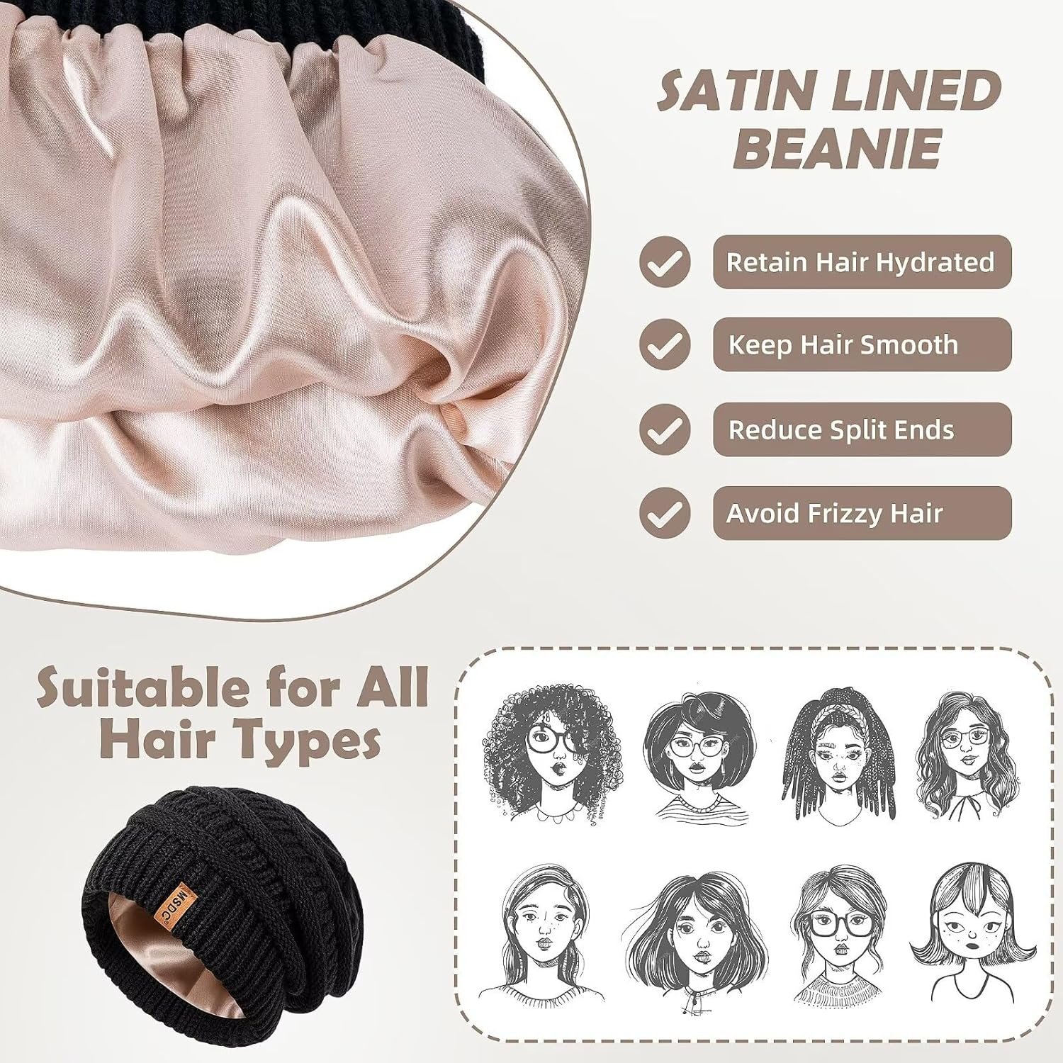 3 Pack Satin Lined Beanie for Women, Warm Slouchy Winter Hats with Silk Lined, Fashionable Oversized Cable Knit Hat Skull Cap - Image 5