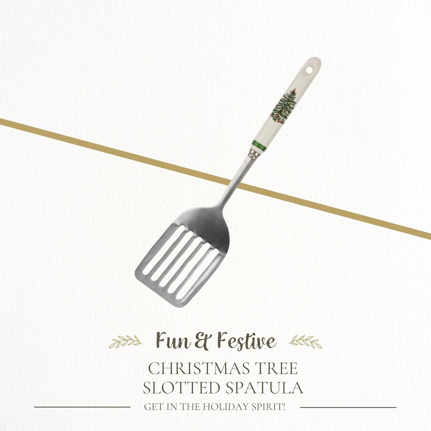 Spode Christmas Tree 13" Stainless Steel Slotted Spatula with Porcelain Handles - Holiday Serving Turner for Christmas Dinners & Holiday Parties - Kitchen Utensil for Holiday & Winter Celebrations - Image 3
