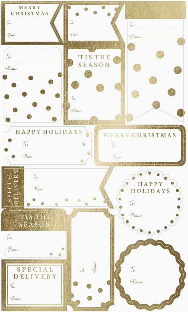 Graphique Shimmering White Gift Labels | 52 Self-Adhesive Christmas Stickers | 13 Designs with Gold Foil Accents | to and from Names | for Holiday Wrapping Paper & Gift Bags - Image 2