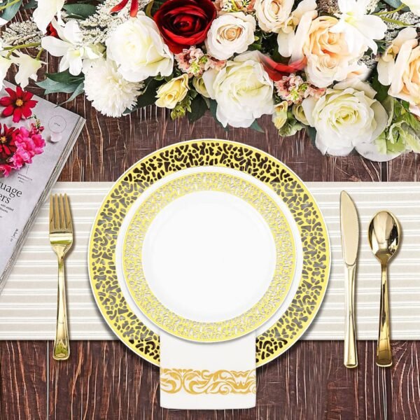 BAYZZ 175 Piece Gold Dinnerware Set,25 Guest Gold Lace Design Plastic Plates,25 Gold Plastic Silverware,25 Gold Cups,25 Gold Napkins,25 Guest Disposable Gold Dinnerware Set - Image 3