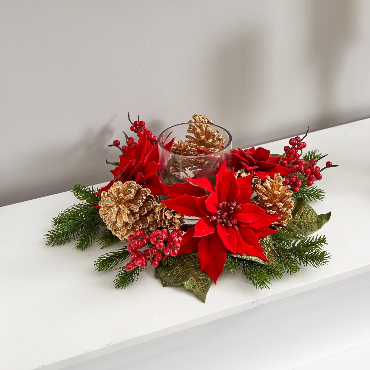 Nearly Natural Poinsettia, Berry and Golden Pine Cone Candelabrum Artificial Silk Arrangements Red 6"D x 14"W x 14"H - Image 4
