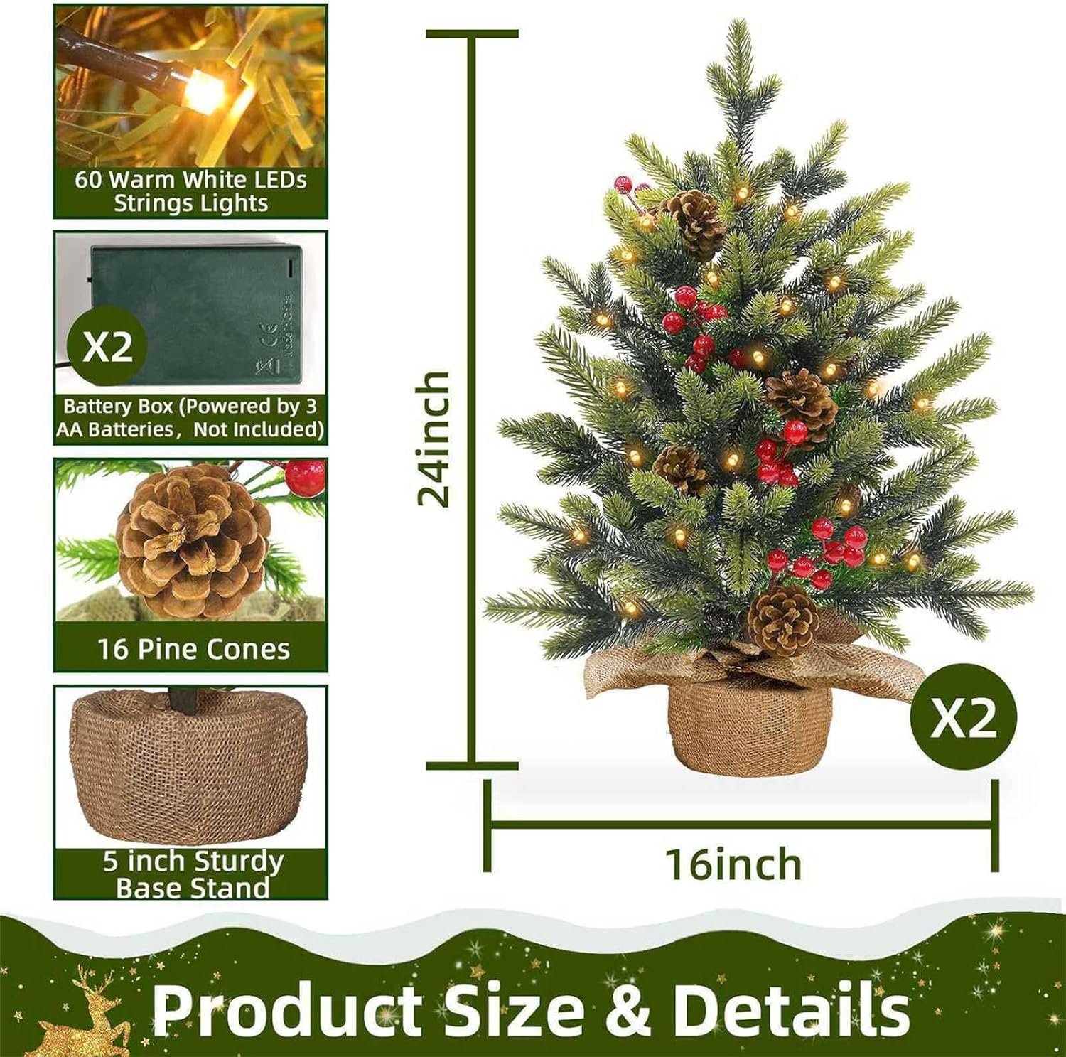 2 Pack 24 Inch Tabletop Small Christmas Trees with Lights Timer Realistic-Feel PE Pine 2 Ft Artificial Mini Christmas Tree Battery Operated Red Berries Pinecone Christmas Decoration Indoor Xmas - Image 3