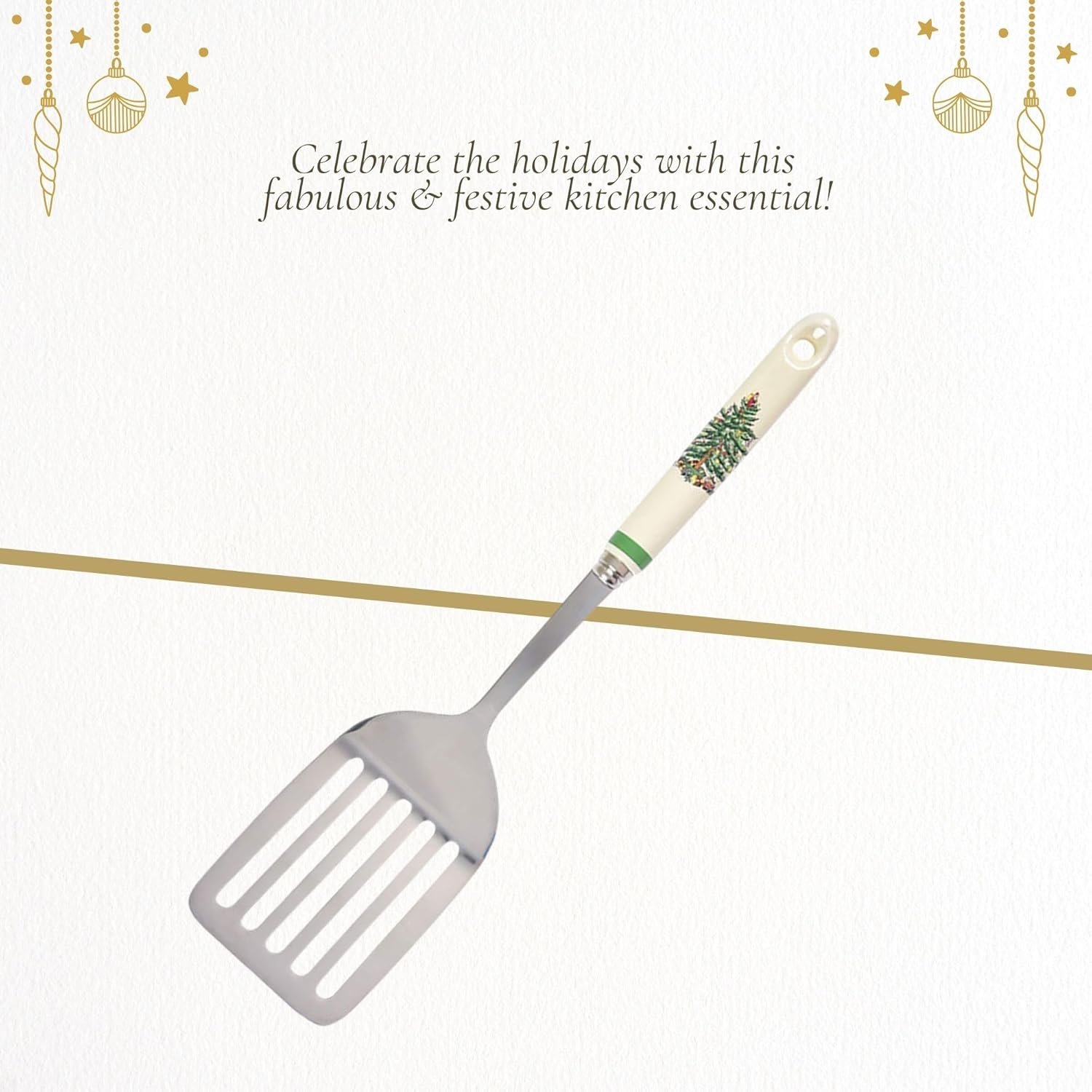 Spode Christmas Tree 13" Stainless Steel Slotted Spatula with Porcelain Handles - Holiday Serving Turner for Christmas Dinners & Holiday Parties - Kitchen Utensil for Holiday & Winter Celebrations - Image 6