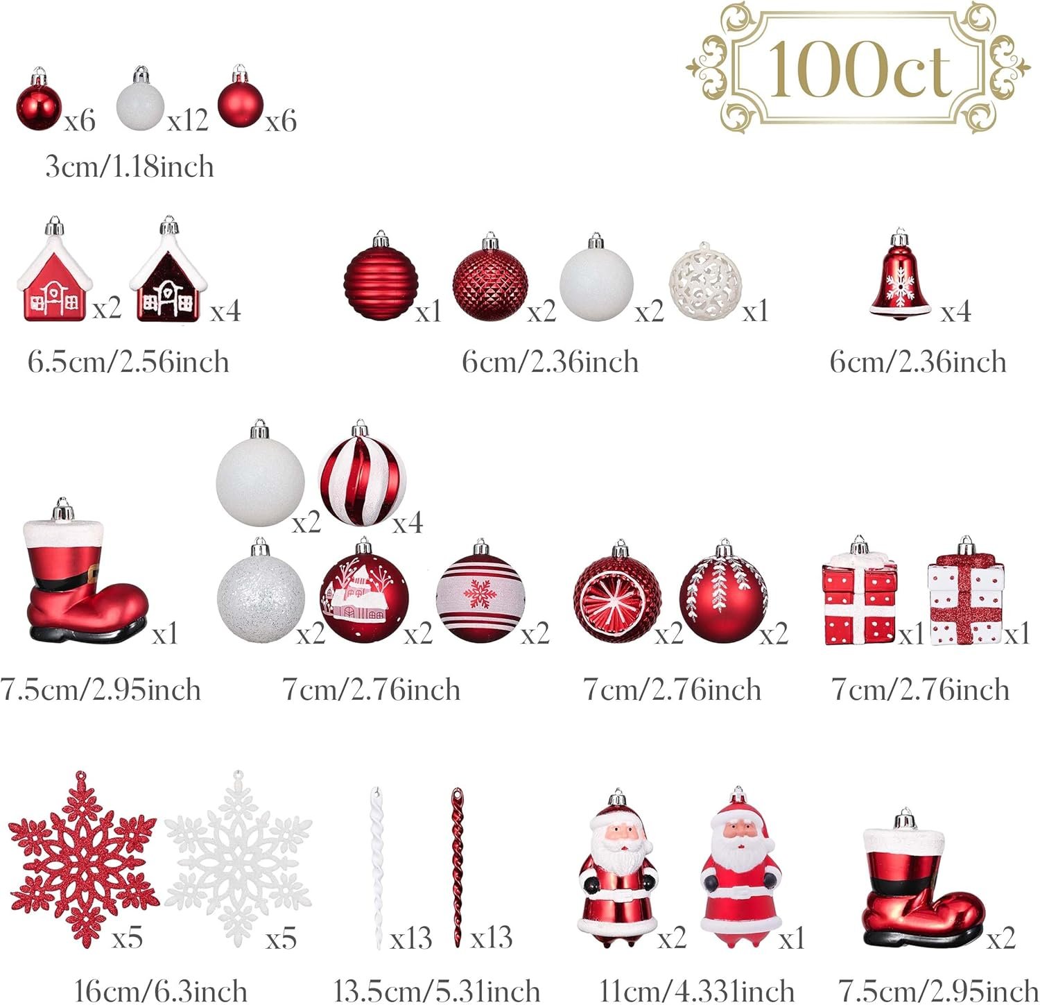 Valery Madelyn Christmas Ornaments Set, 100ct Red and White Shatterproof Christmas Tree Decorations Set, Traditional Red and Silver Decorative Hanging Ball Ornaments Bulk for Xmas Holiday Decor - Image 4