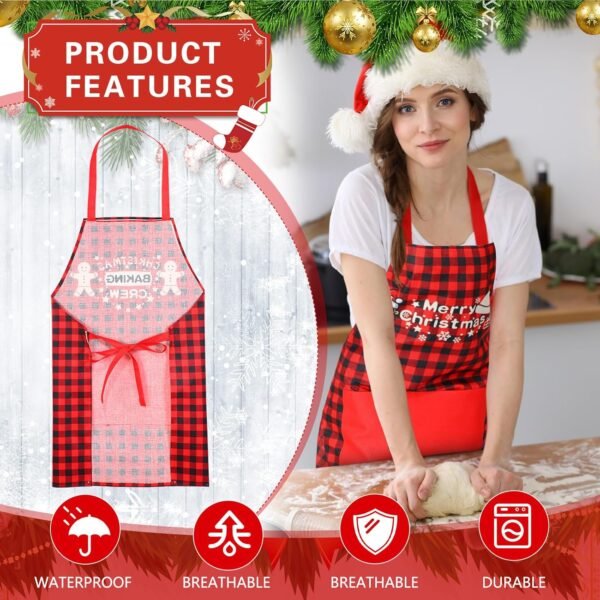 12 Pcs Christmas Aprons and Hats Sets Christmas Aprons with Pockets Adjustable Baking Aprons Include 6 Pcs Different Plaid Aprons and 6 Pcs Santa Hats for Women Men Waterproof Bib Aprons - Image 4