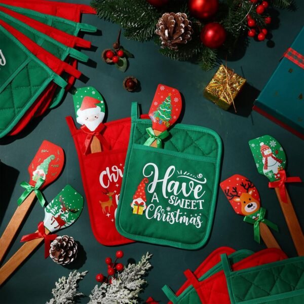 24 Pcs Christmas Pot Holders and Silicone Spatula Set Christmas Hot Pads with Pocket Xmas Scraper with Wooden Handle Heat Resistant Oven Mitt Cookie Bag for Baking Cooking Appreciation Gift - Image 5