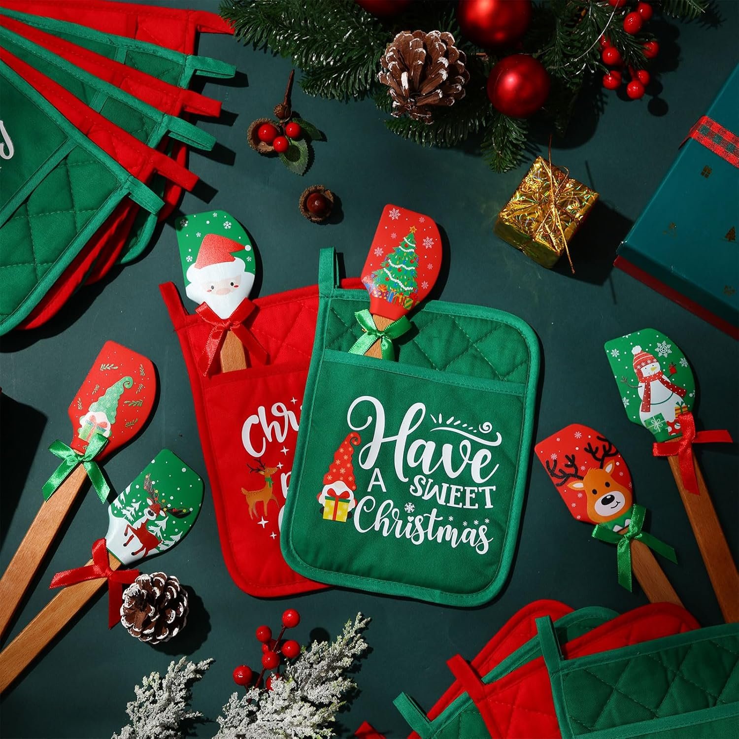24 Pcs Christmas Pot Holders and Silicone Spatula Set Christmas Hot Pads with Pocket Xmas Scraper with Wooden Handle Heat Resistant Oven Mitt Cookie Bag for Baking Cooking Appreciation Gift - Image 5