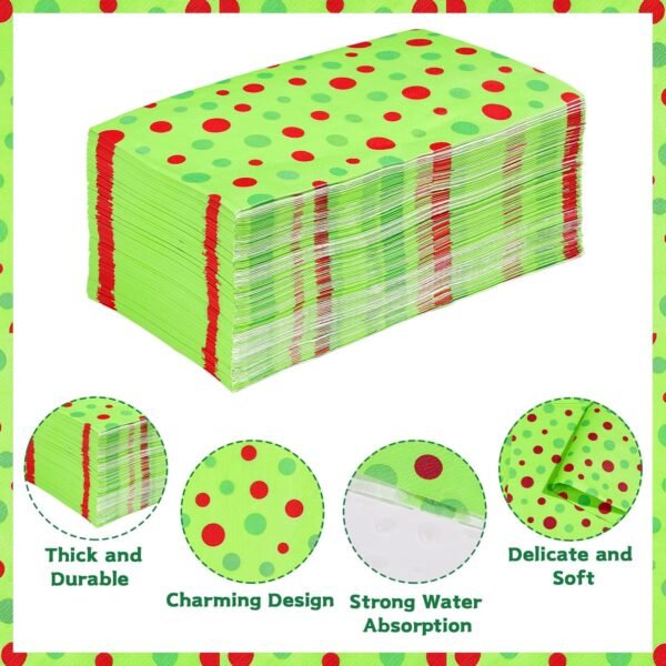 100PCS Christmas Napkins Disposable Green and Red Dots Christmas Paper Napkins Funny Napkins Christmas Disposable Hand Towels for Bathroom Home Kitchen Holiday Christmas Party Decorations - Image 3