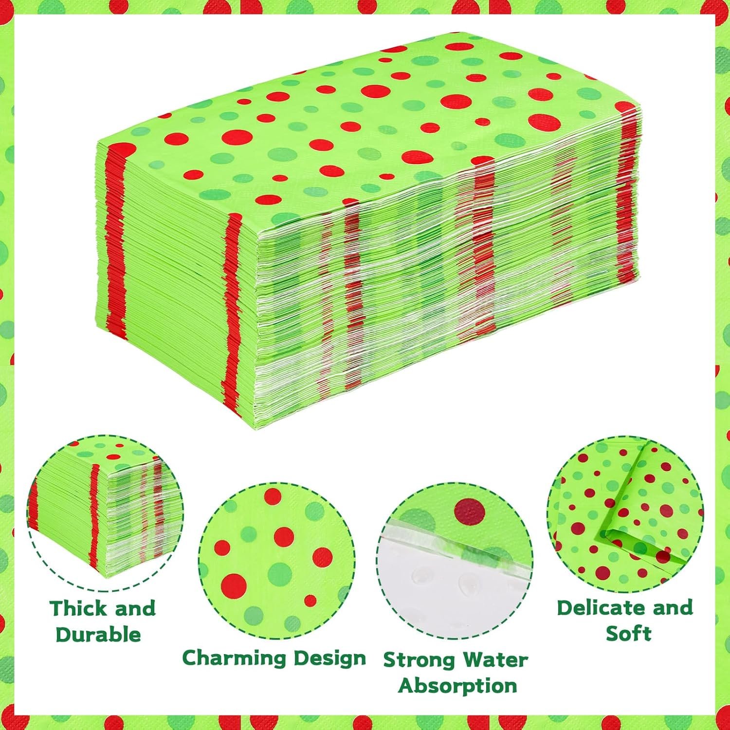 100PCS Christmas Napkins Disposable Green and Red Dots Christmas Paper Napkins Funny Napkins Christmas Disposable Hand Towels for Bathroom Home Kitchen Holiday Christmas Party Decorations - Image 3