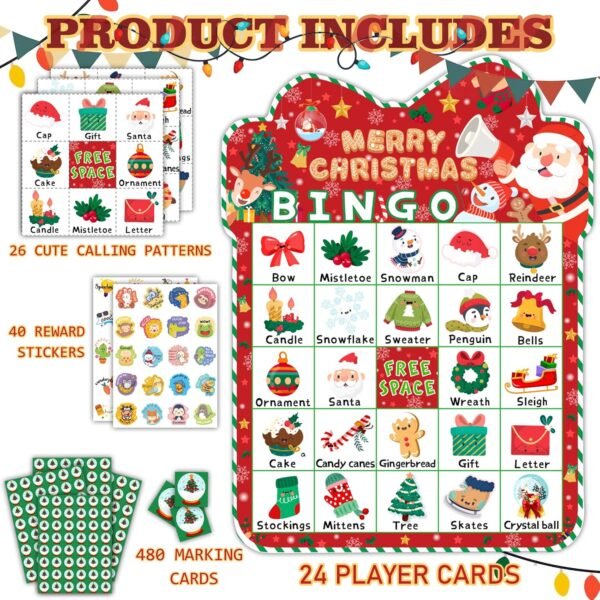 39Pcs Christmas Bingo Game for Kids Adults 24 Players Bingo Cards Christmas Games with Reward Stickers Xmas Activities Family Party Game - Image 3