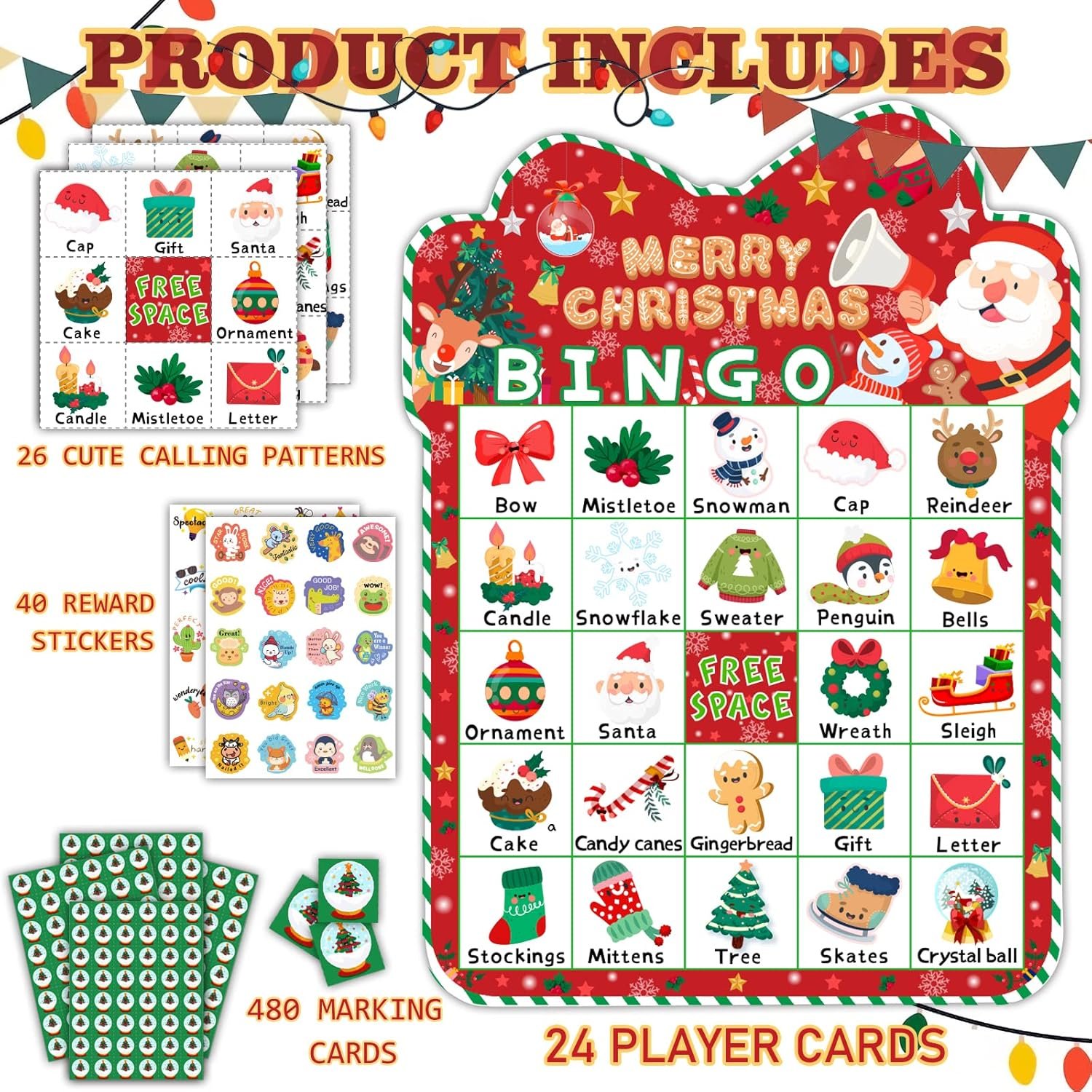 39Pcs Christmas Bingo Game for Kids Adults 24 Players Bingo Cards Christmas Games with Reward Stickers Xmas Activities Family Party Game - Image 3
