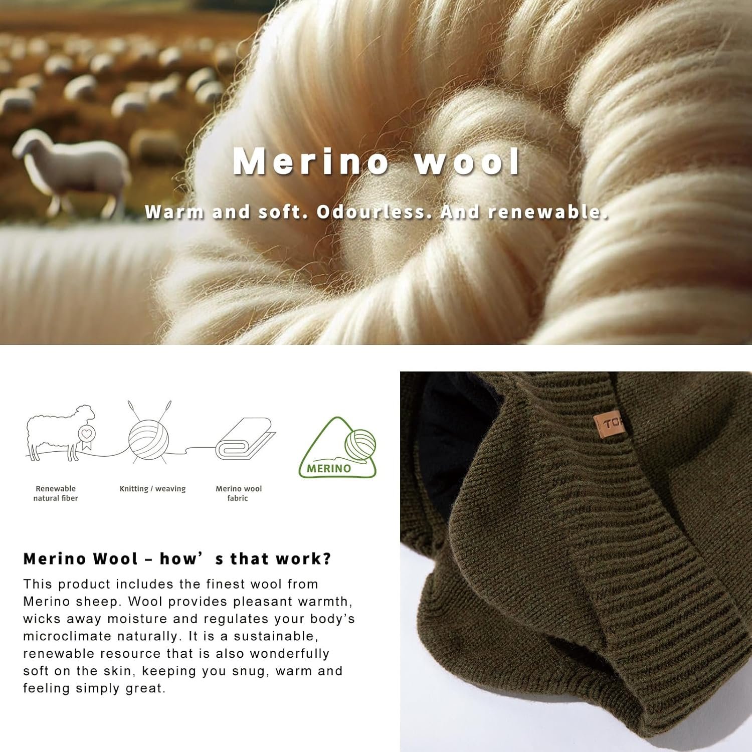 TOP-EX L/XL/XXL Unisex 80% Merino Wool Waterproof Brim Beanie Hats with Ear Flaps Fleece Lined for All Weather - Image 3