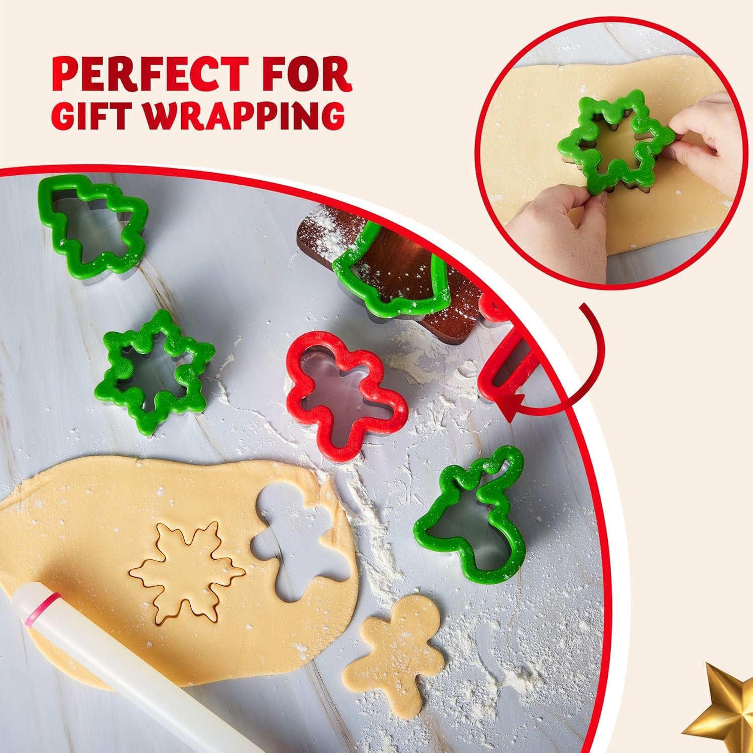 JOYIN 13 Pcs Christmas Cookie Cutters in Stainless Steel with 3.5í plus Grip and a Rolling Pin for Xmas Holiday Cookies Baking, Snowflake Cookies, Gingerbread Cookies, Party and Baking Gift - Image 5