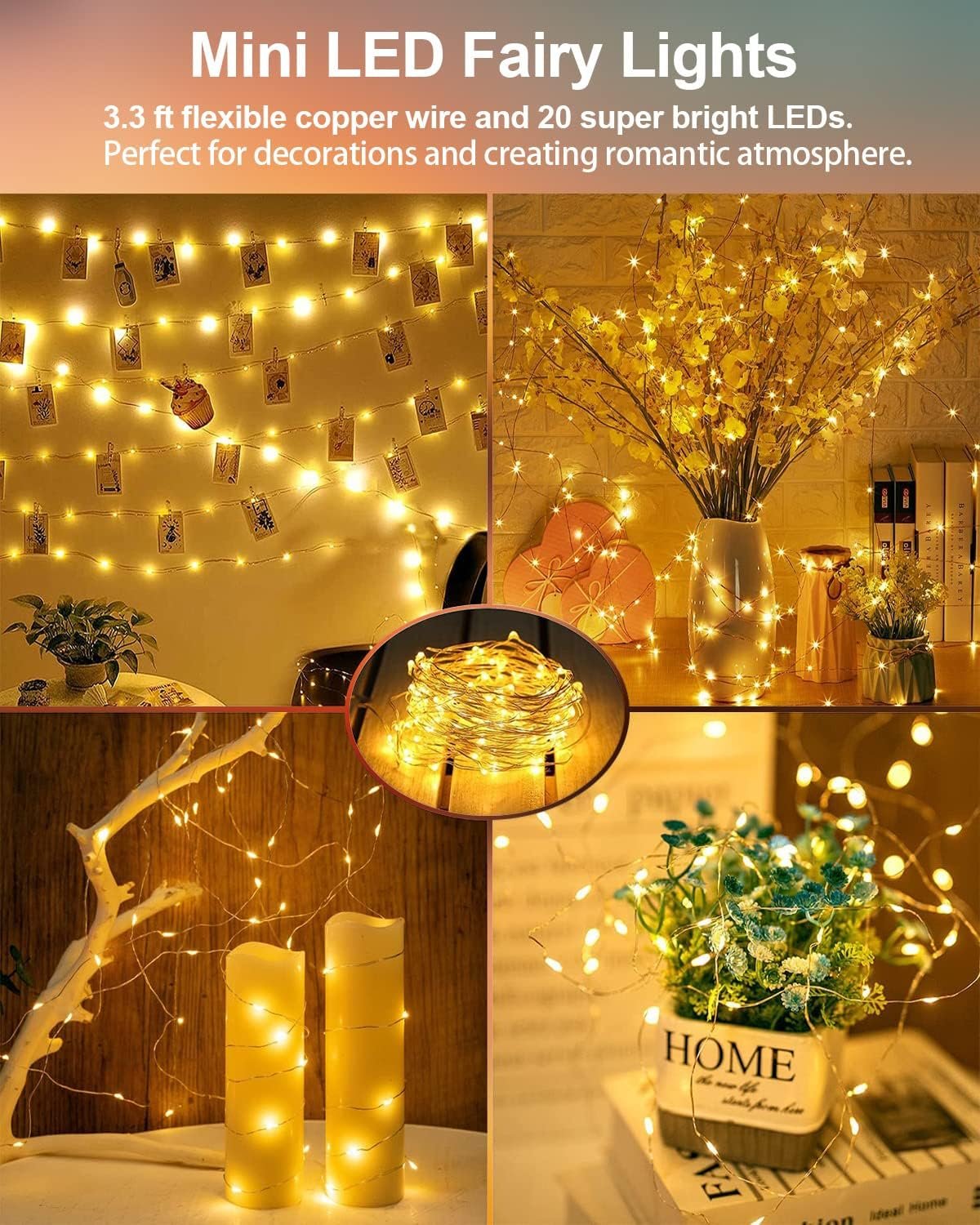 20 Pack Fairy Lights Battery Operated 3.3ft 20 LED Mini String Lights Twinkle Lights Copper Wire Firefly Starry Lights for Mason Jars Wedding Party Christmas Centerpiece Table Decorations, Warm White - Image 7
