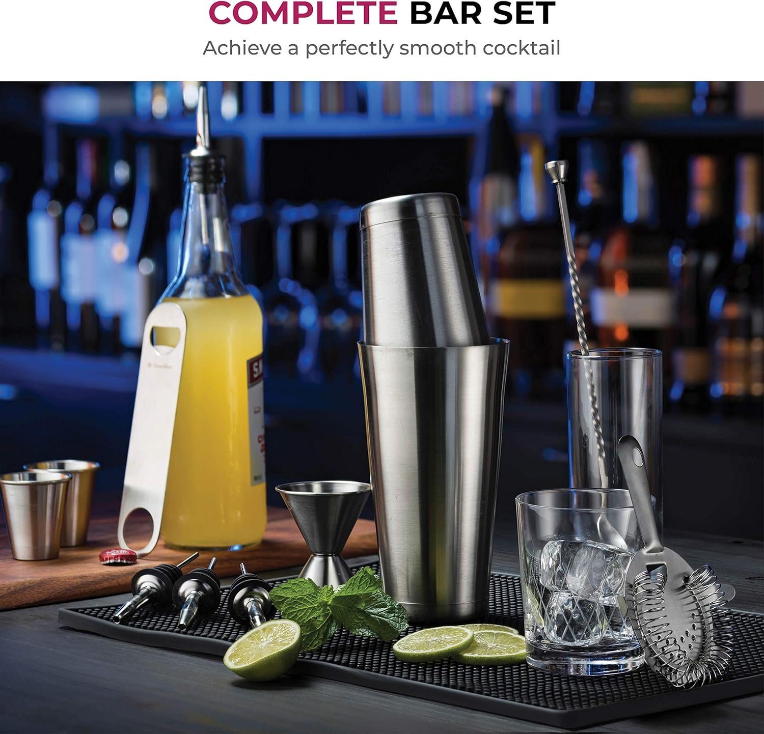 Expert Cocktail Shaker Home Bar Set - 14 Piece Stainless Steel Bar Tools Kit with Shaking Tins, Flat Bottle Opener, Double Bar Jigger, Hawthorne Strainer, Shot Glasses, Bar Spoon, and 6 Pour Spouts. - Image 7