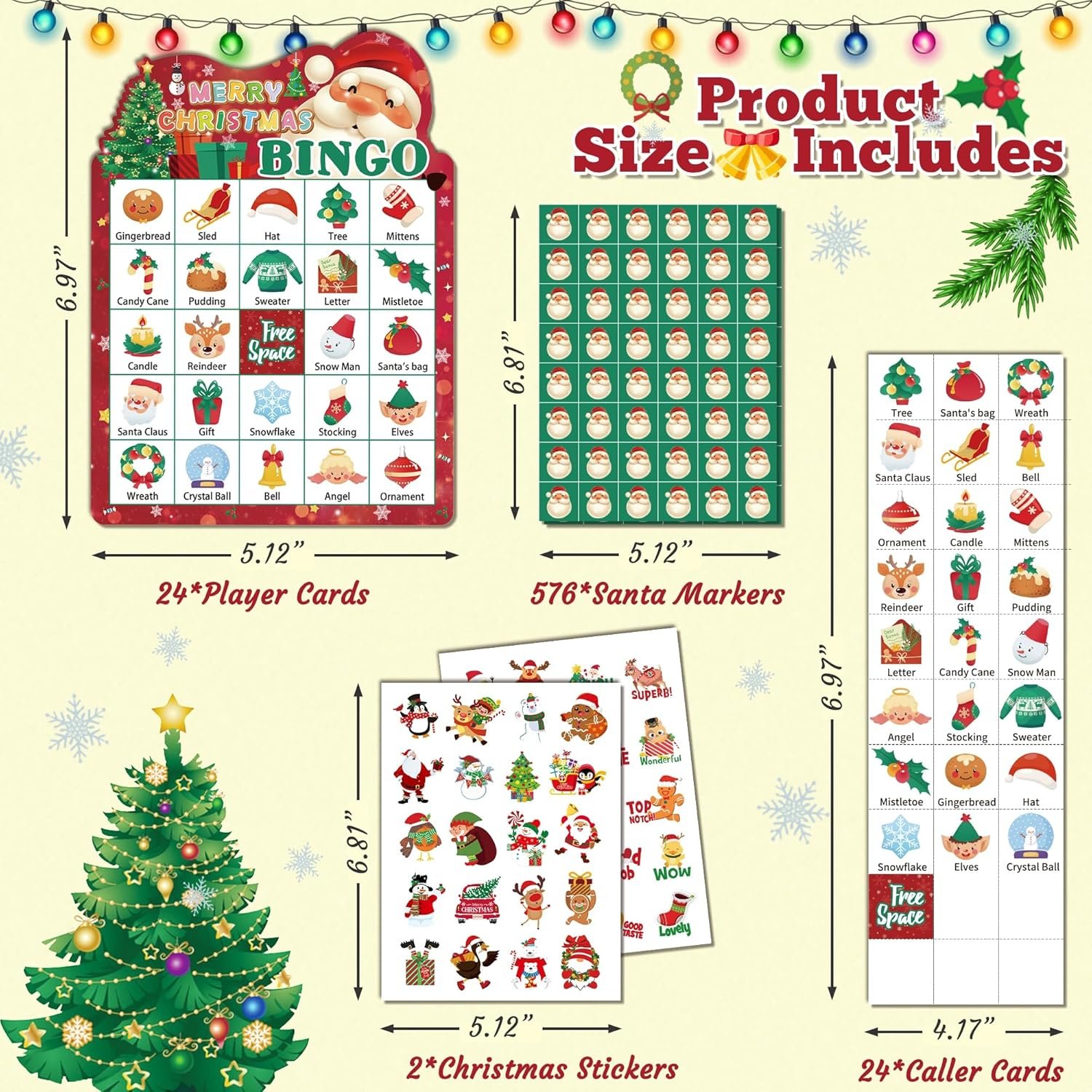 YOYOJOY 39 PCS Christmas Bingo Game for Kids Adults, 24 Players Christmas Bingo Cards, Xmas Party Games for Family Classroom with Reward Stickers - Image 3