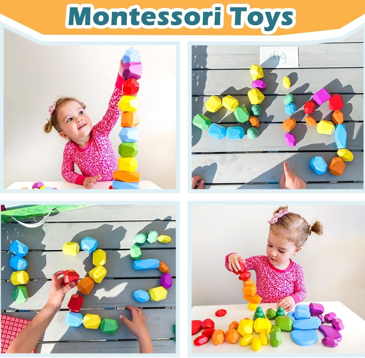 Toddler Toys Wooden Stacking Rocks Big Dice Set, Preschool Learning Activities Classroom Supplies Building Blocks, Safe Creative Kids Toys Family Games Montessori Toys for 1+ Year Old Boys & Girls - Image 4