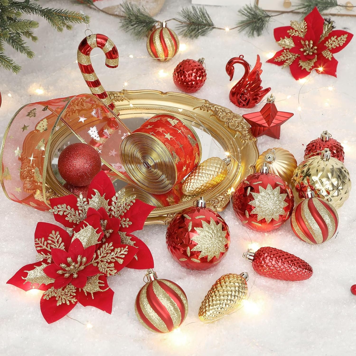 128pcs Christmas Balls Ornaments Set, Shatterproof Plastic Baubles Christmas Flowers, Ribbon and Tree Topper for Xmas Tree Holiday Wedding Party Decorations with Hanging Strings, Red and Gold - Image 7