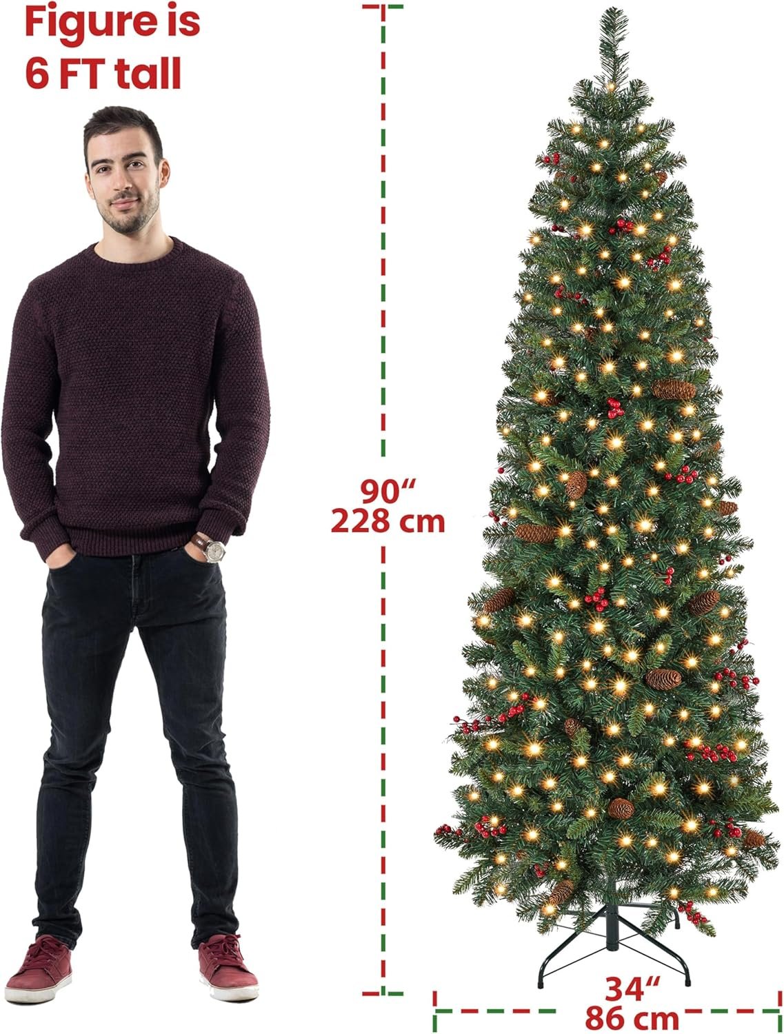 Yaheetech 7.5ft Pre-lit Pencil Spruce Christmas Tree, Artificial Slim Xmas Fir, Pre-Decorated for Home, Office, Party, Holiday Decor W/ 948 Tips, 350 Lights, Pine Cones, Metal Hinges & Base, Green - Image 4