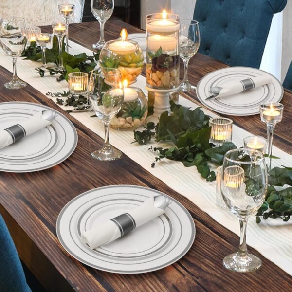 Goodluck 350 Piece Silver Plastic Dinnerware Set for 50 Guests, Fancy Disposable Plates for Party, Include: 50 Dinner Plates, 50 Dessert Plates, 50 Pre Rolled Napkins with Silver Silverware, 50 Cups - Image 7