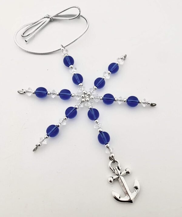 Anchor Ornament - Blue Glass Beaded Snowflake Christmas Ornament/Gift Tag with Pewter Anchor Charm with Jewelry Box - Handmade with Clear and Silver Vintage Beads and Blue Glass Vintage Beads - Image 4
