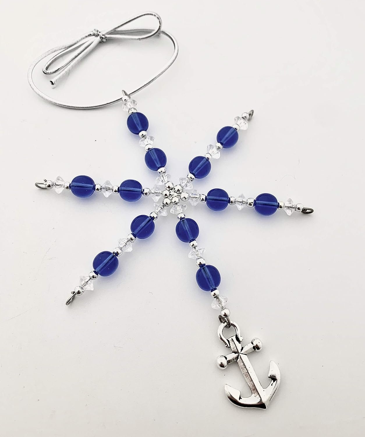 Anchor Ornament - Blue Glass Beaded Snowflake Christmas Ornament/Gift Tag with Pewter Anchor Charm with Jewelry Box - Handmade with Clear and Silver Vintage Beads and Blue Glass Vintage Beads - Image 4