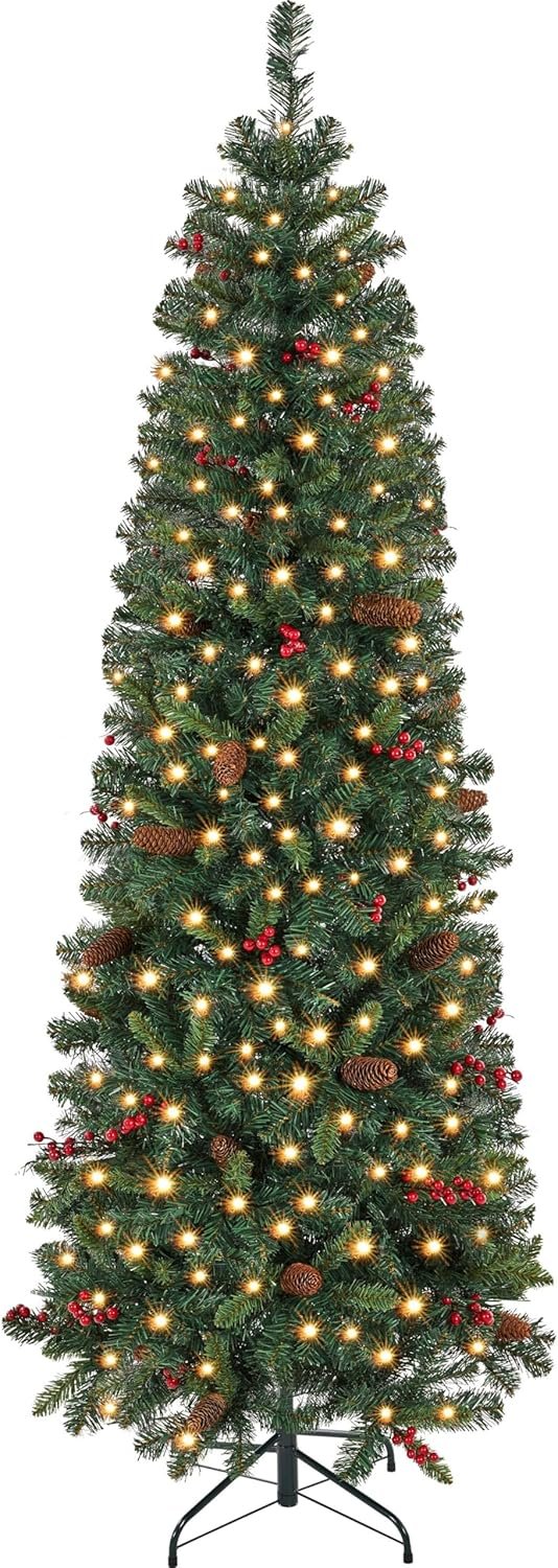 Yaheetech 7.5ft Pre-lit Pencil Spruce Christmas Tree, Artificial Slim Xmas Fir, Pre-Decorated for Home, Office, Party, Holiday Decor W/ 948 Tips, 350 Lights, Pine Cones, Metal Hinges & Base, Green - Image 2