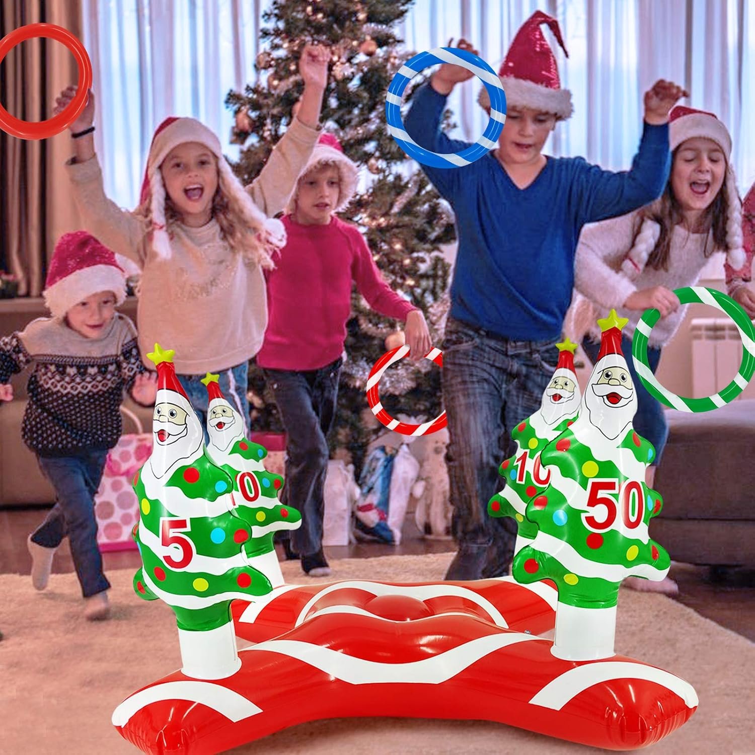 TURNMEON Giant Inflatable Christmas Tree Ring Toss Party Game Toys Kids Adults Family Stocking Stuffers Christmas Party Supplies Favors Decoration Indoor Outdoor Games(4 Score Santa Base, 4 Rings) - Image 3