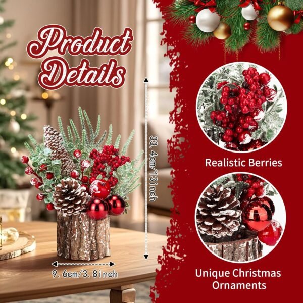 Christmas Decorations Indoor, Christmas Centerpiece Table Decorations, Small Artificial Tabletop/Desk Christmas Tree with Christmas Ornaments Pinecone Berry for Home Farmhouse Mantle Décor (Red) - Image 3