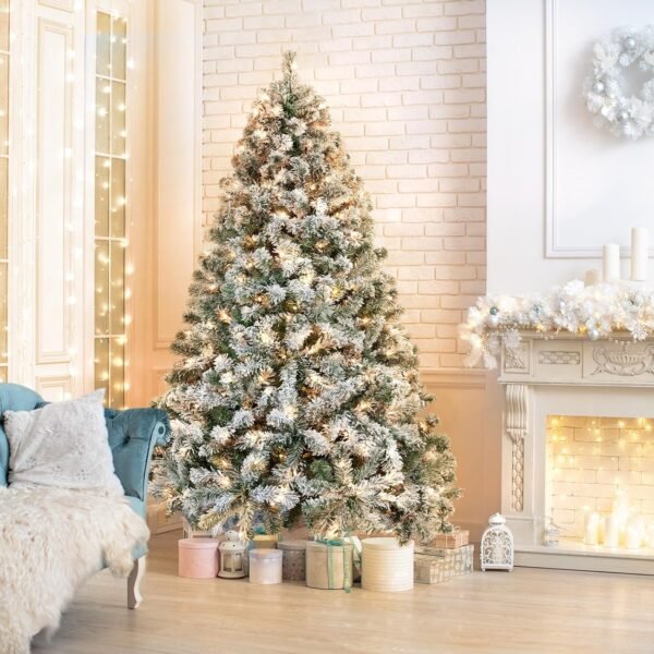 Yaheetech 6ft Pre-lit Artificial Christmas Tree with Incandescent Warm White Lights, Snow Flocked Full Prelighted Xmas Tree W/820 Branch Tips, 250 Incandescent Lights & Foldable Stand, Green & White - Image 5