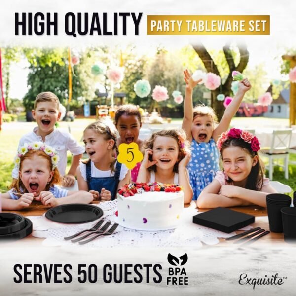 364 Pcs Black Disposable Plates For Party, Black Plastic Plates Set Includes: 52 Of Each 9" Plastic Dinner Plates, 7" Dessert Plates, Cups, Napkins & Cutlery Plastic Dinnerware Set Exquisite - Image 7