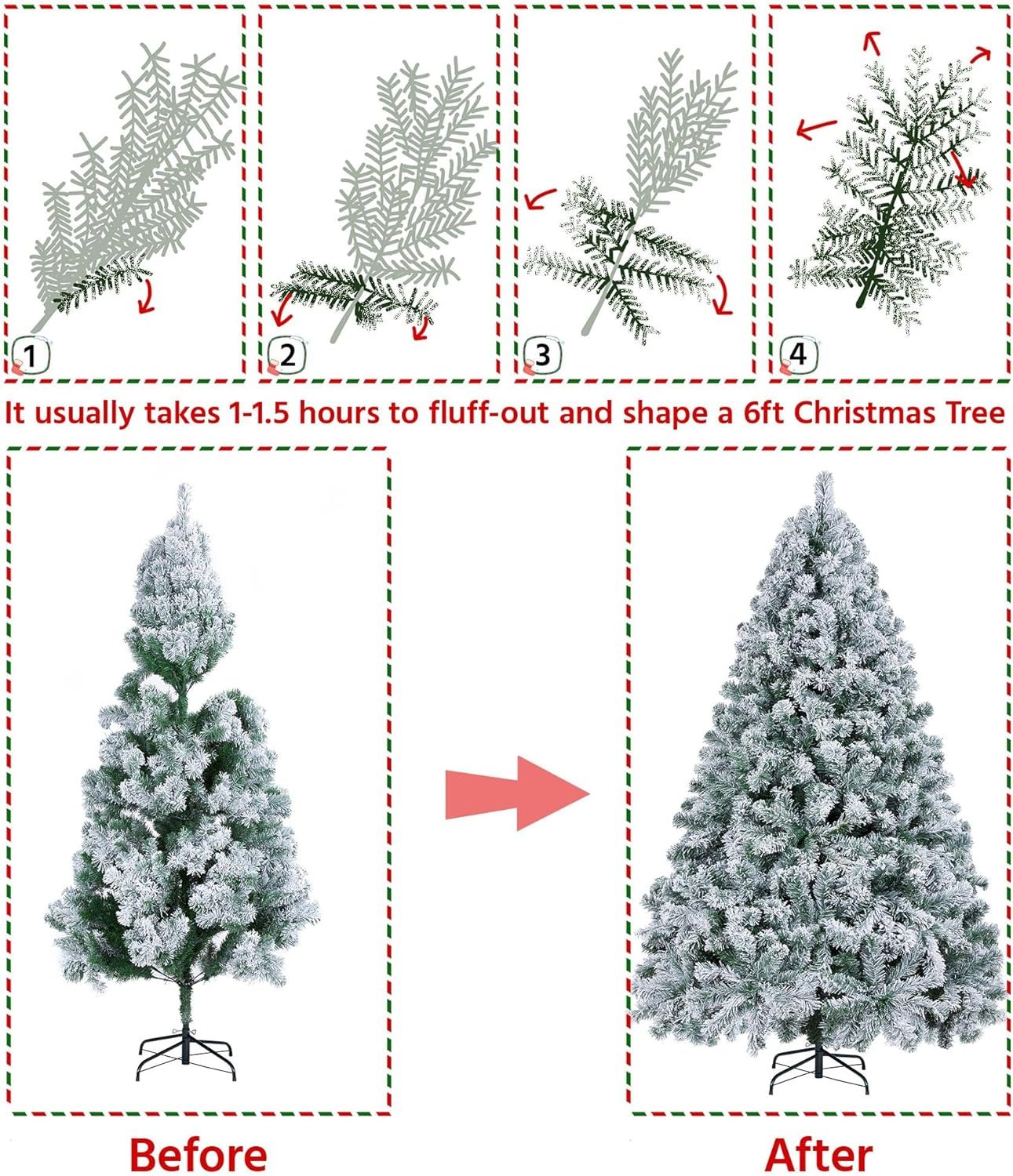 Yaheetech 6ft Pre-lit Artificial Christmas Tree with Incandescent Warm White Lights, Snow Flocked Full Prelighted Xmas Tree W/820 Branch Tips, 250 Incandescent Lights & Foldable Stand, Green & White - Image 8
