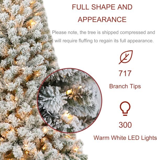 6ft Pre-lit Flocked Elwood Pine Christmas Tree with 717 Branch Tips, 300 Radiant Warm White LED Lights - Captivating Realism and Enchanting Holiday Aura - Image 3