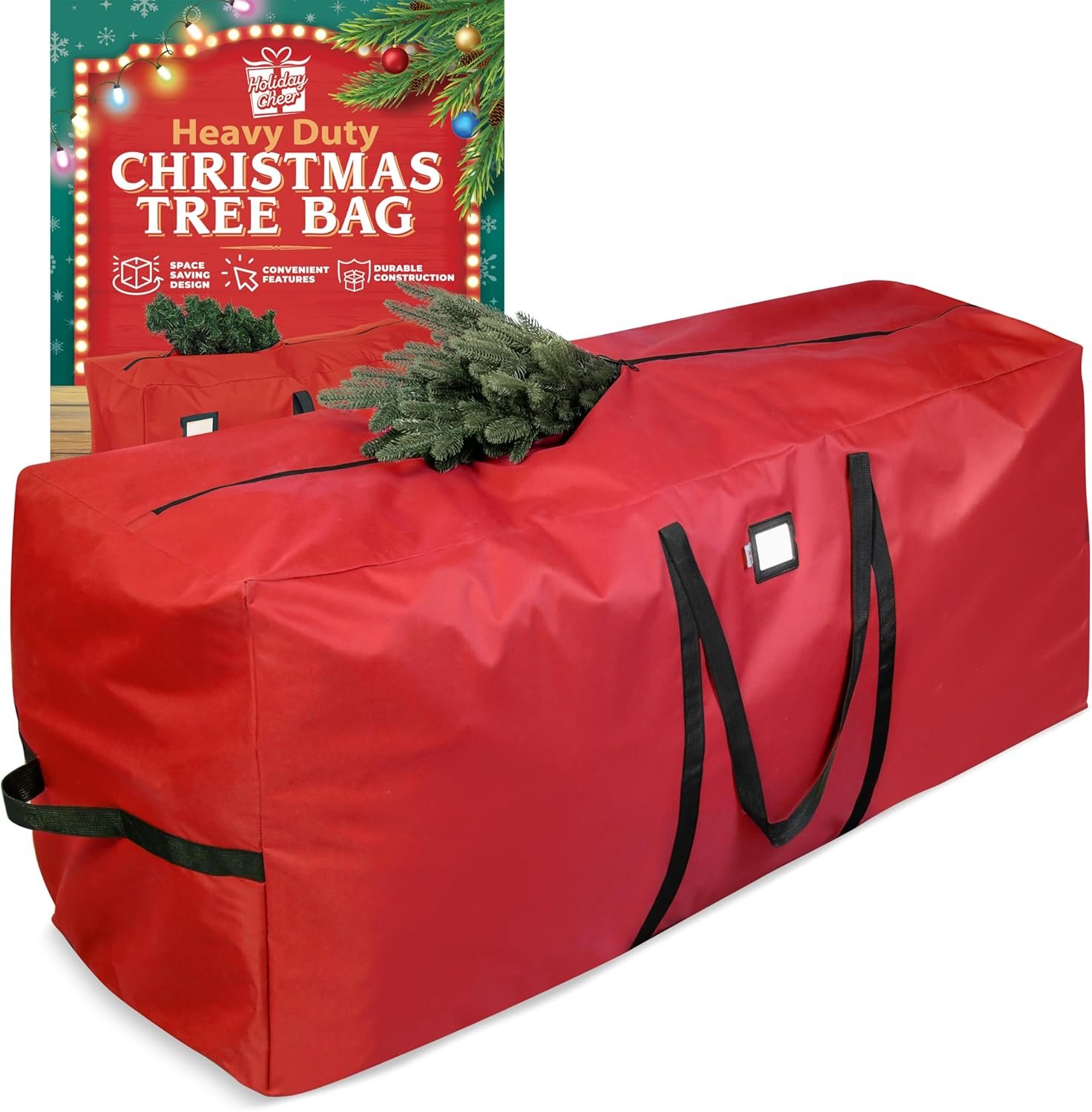 Holiday Cheer Christmas Tree Storage Bag – Heavy Duty Christmas Tree Bag Fits Up to 7.5ft Tall Artificial Christmas Tree, Waterproof with Durable Handles & Zipper – Xmas Tree Storage Bag (RED) - Image 2