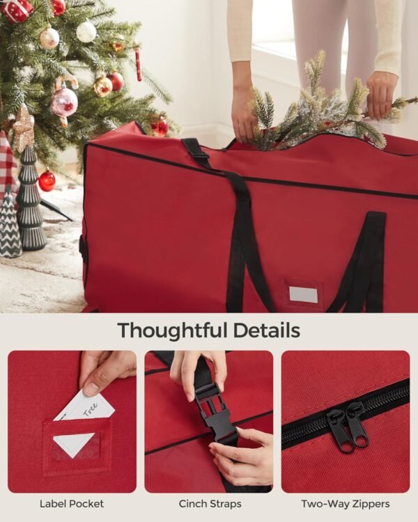SONGMICS Christmas Tree Storage Bag with 1.6-Inch Wheels, Rolling Storage Bag, up to 7.5 ft, For Disassembled Holiday Tree, Length-Adjustable Handles, 600D Oxford Fabric, Cherry Red URXS004R03 - Image 5