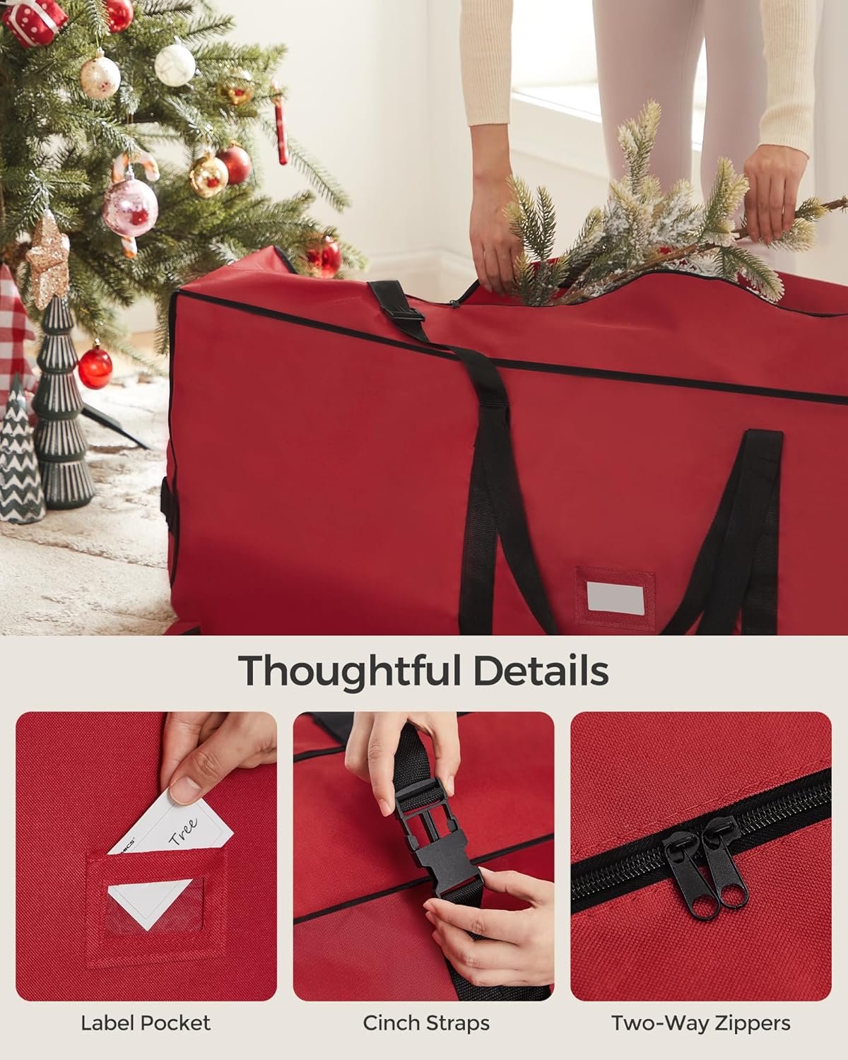 SONGMICS Christmas Tree Storage Bag with 1.6-Inch Wheels, Rolling Storage Bag, up to 7.5 ft, For Disassembled Holiday Tree, Length-Adjustable Handles, 600D Oxford Fabric, Cherry Red URXS004R03 - Image 5