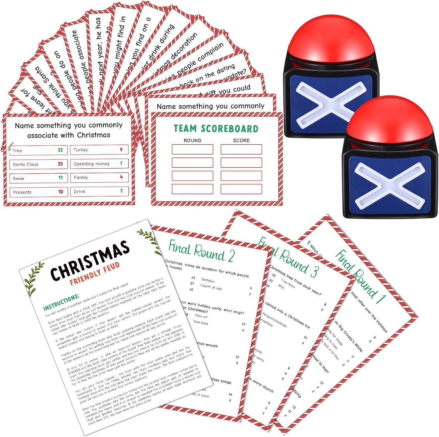 Syhood Christmas Friendly Feud Game with 2 Pcs Game Buzzer, New Year Feud Card Game, Family Game Night, Trivia Quiz Game, Fun Feud for Party Office Class Adult Groups(Christmas) - Image 2