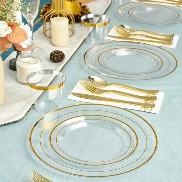 FOCUSLINE 350 Clear Gold Dinnerware Set for 50 Guests, Clear Plastic Plates with Gold Rim Disposable Heavy Duty, Including 50 Dinner Plates, 50 Dessert Plates, 50 Napkins, 50 Cups, 50 Silverware Set - Image 7